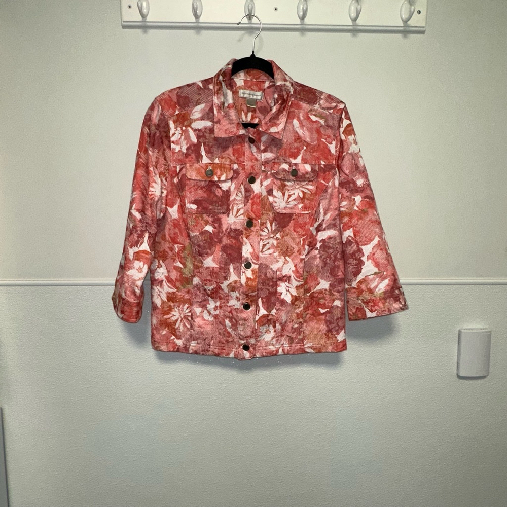 Women's Christopher & Banks Floral Button Down Jacket Size L Pink